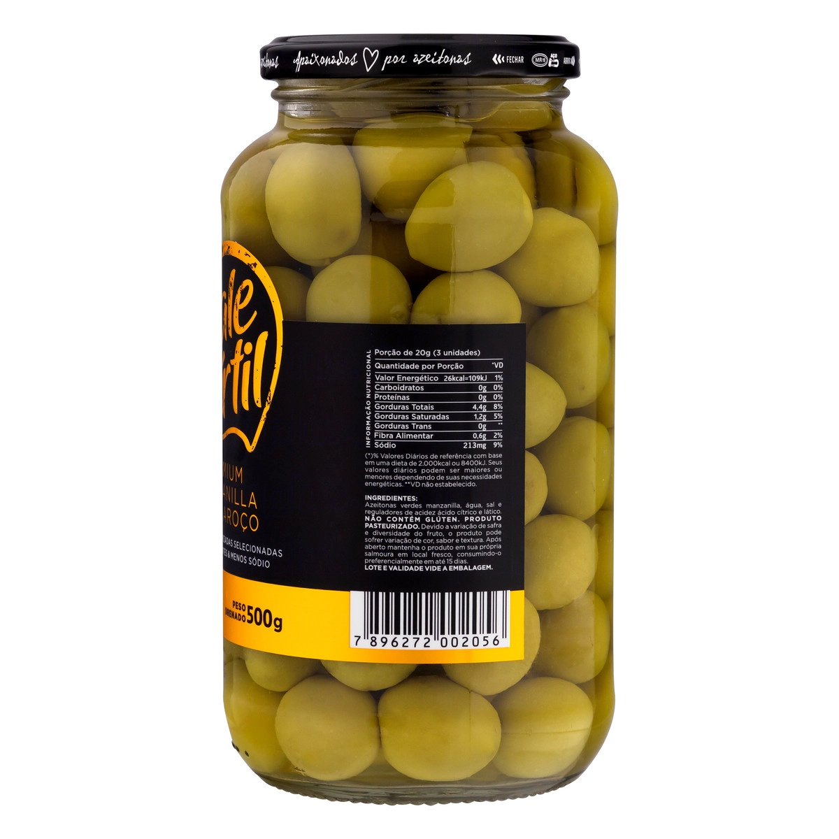 Azeitona Verde Em Conserva Manzanilla Com Caroço Vale Fértil Premium Vidro 500g