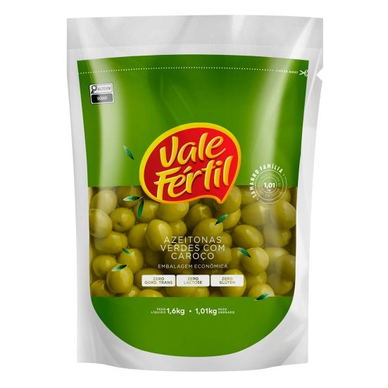 Azeitona Verde Em Conserva Com Caroço Vale Fértil Sachê 1,01kg Embalagem Econômica