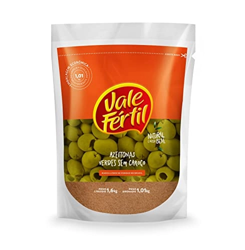 Azeitona Verde Em Conserva Sem Caroço Vale Fértil Sachê 1,01kg Embalagem Econômica