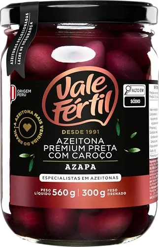 Azeitona Preta Em Conserva Azapa Com Caroço Vale Fértil Premium Vidro 300g