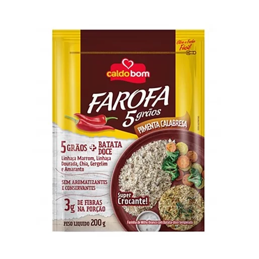 Farofa De Milho Branco Com Batata Doce 5 Grãos Pimenta Calabresa Caldo Bom Sachê 200g