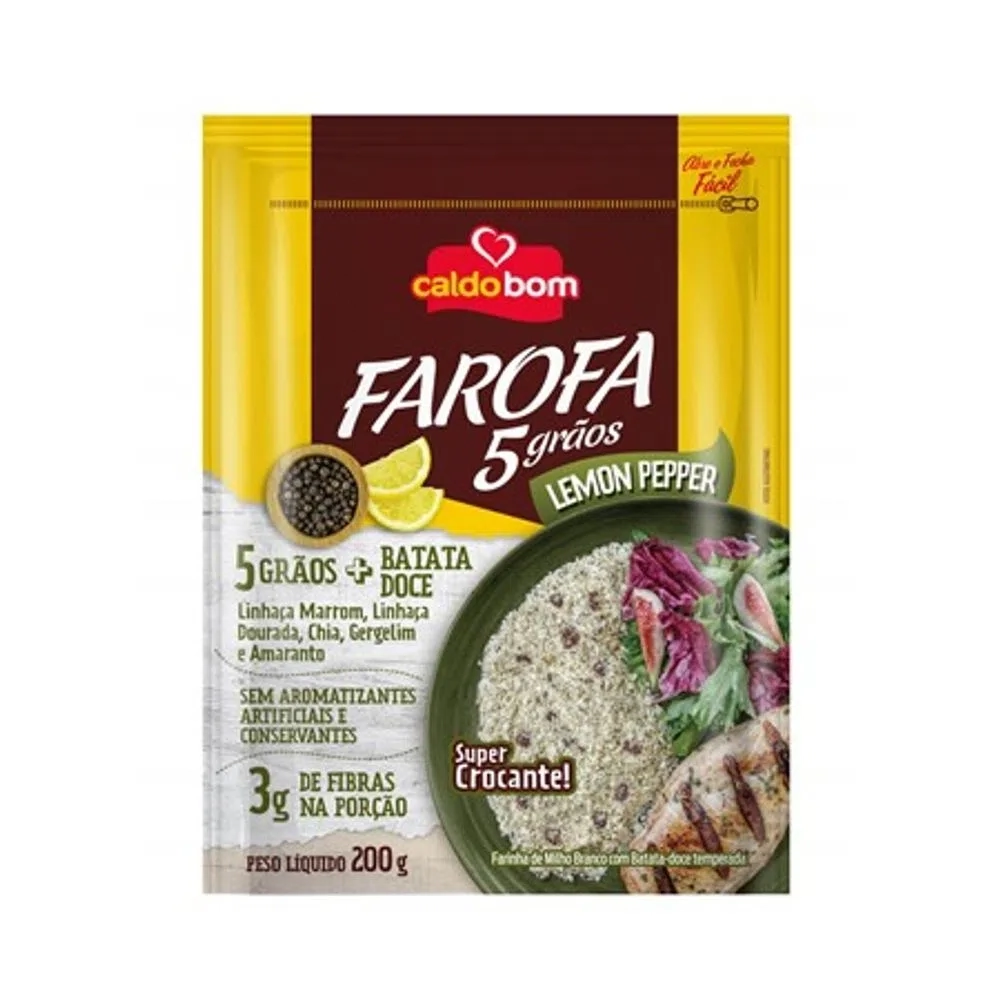 Farofa De Milho Branco Com Batata Doce 5 Grãos Lemon Pepper Caldo Bom Sachê 200g