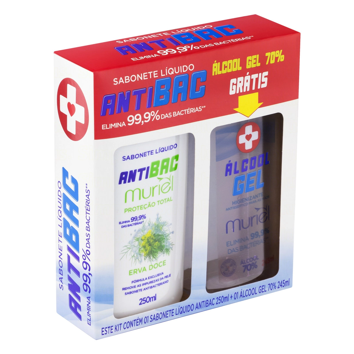 Kit Sabonete Líquido Antibacteriano Erva Doce Muriel 250ml Grátis álcool Gel 70 Mãos 245ml