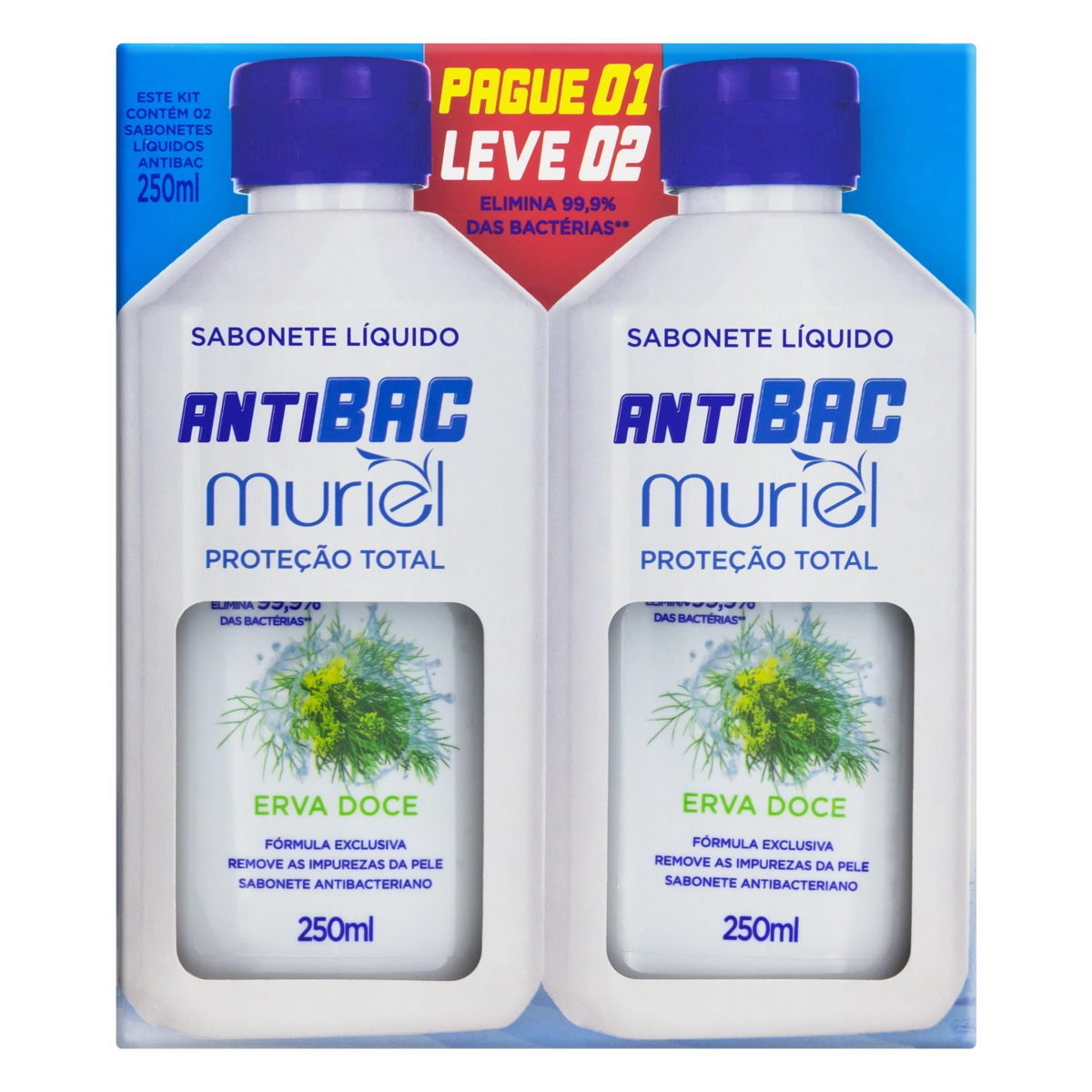 Kit Sabonete Líquido Antibacteriano Erva Doce Muriel 250ml Cada Leve 2 Pague 1 Unidade