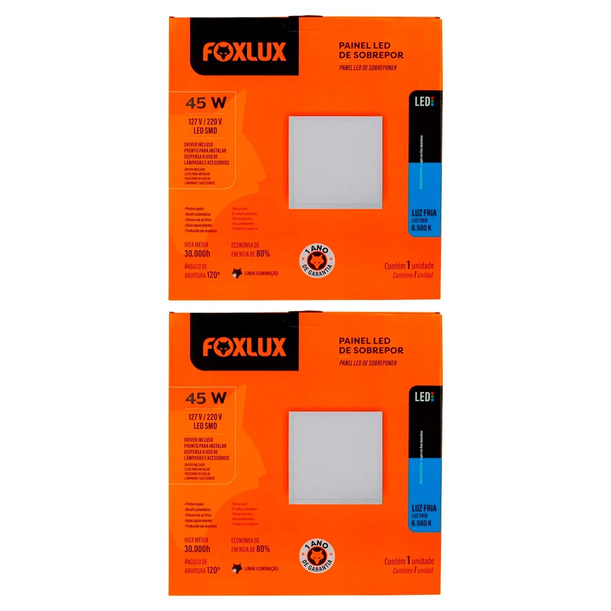Kit 2 Painel Led Foxlux Quadrado Sobrepor 45w 6500k Biv