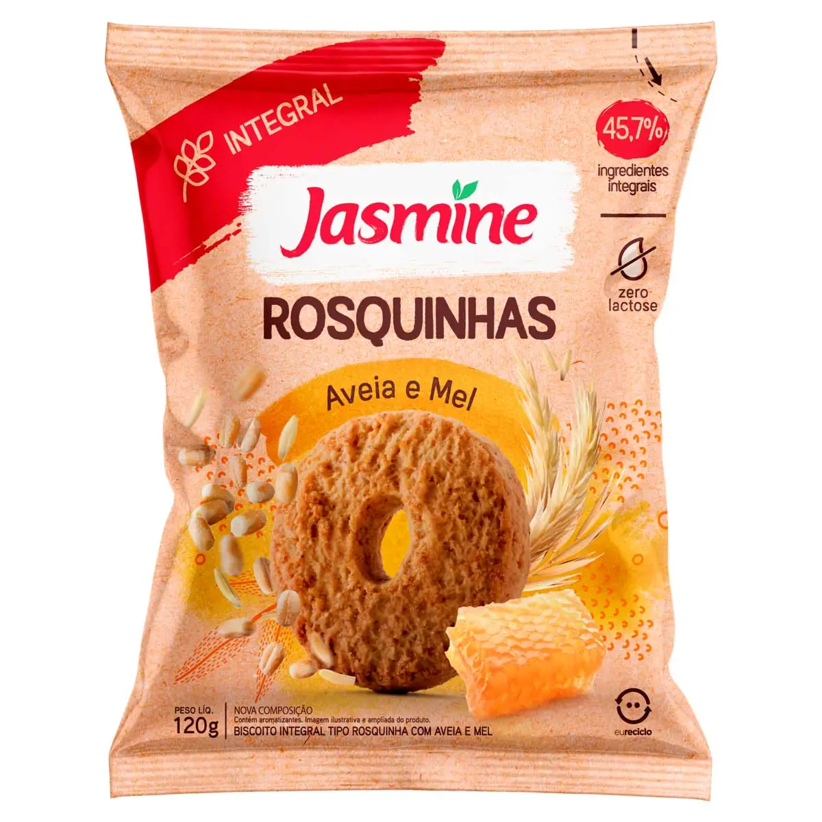 Biscoito Rosquinha Integral Aveia e Mel Zero Lactose Jasmine 120g