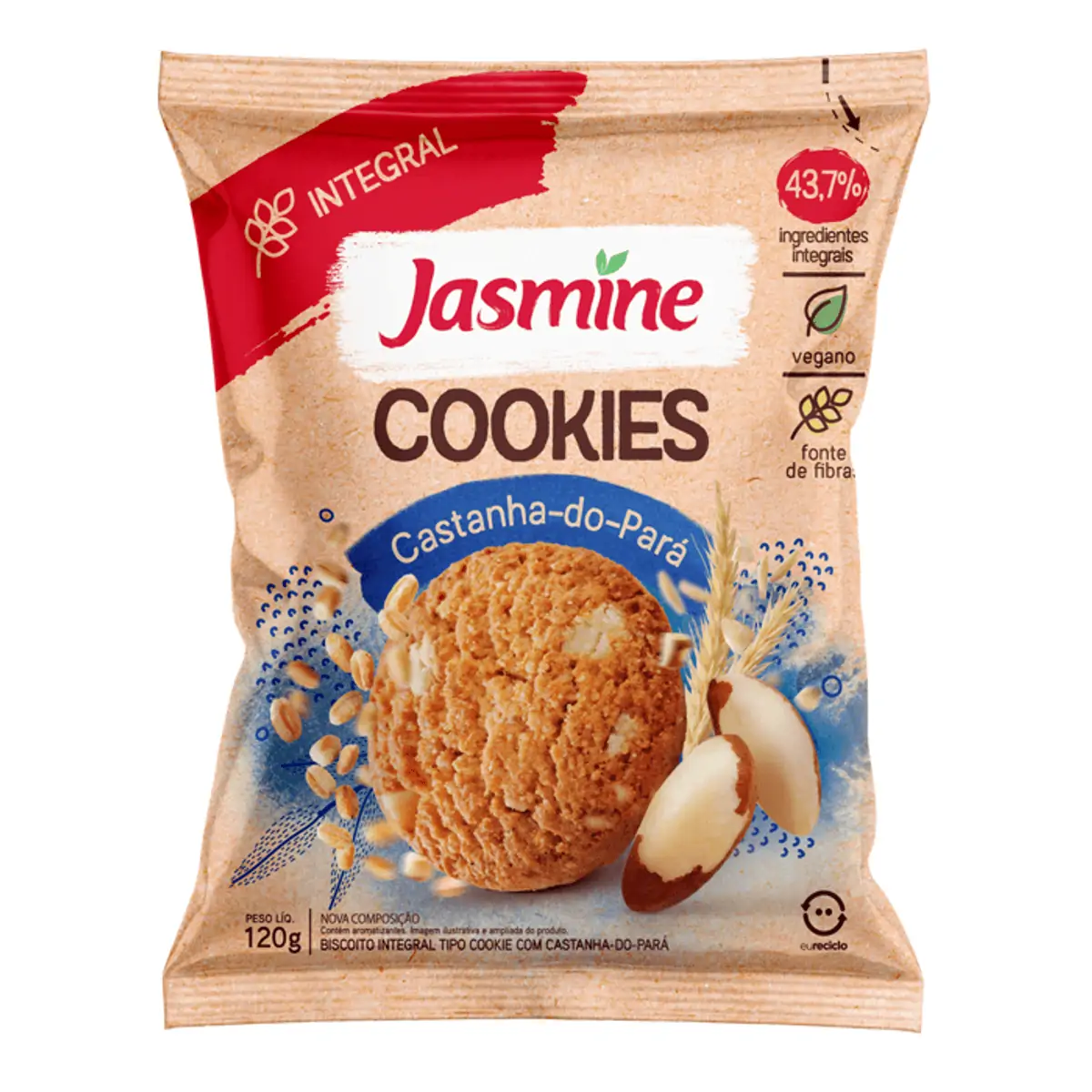 Biscoito Cookie Vegano Integral Castanha Do Pará Jasmine Pacote 120g