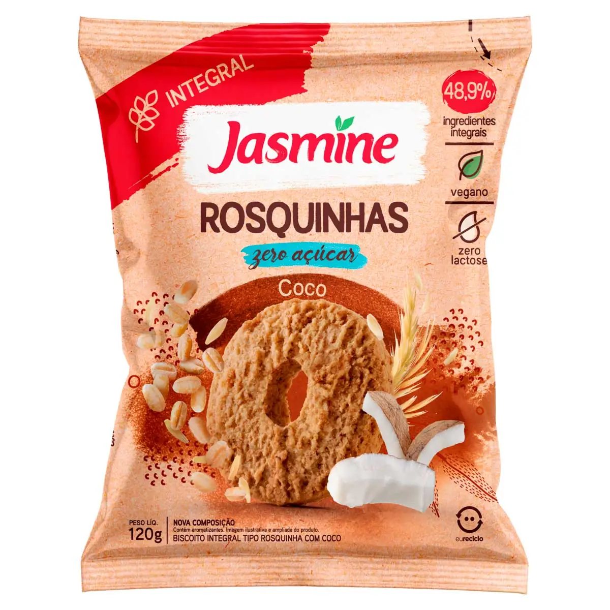 Biscoito Rosquinha Integral Coco Zero Açúcar Jasmine Pacote 150g