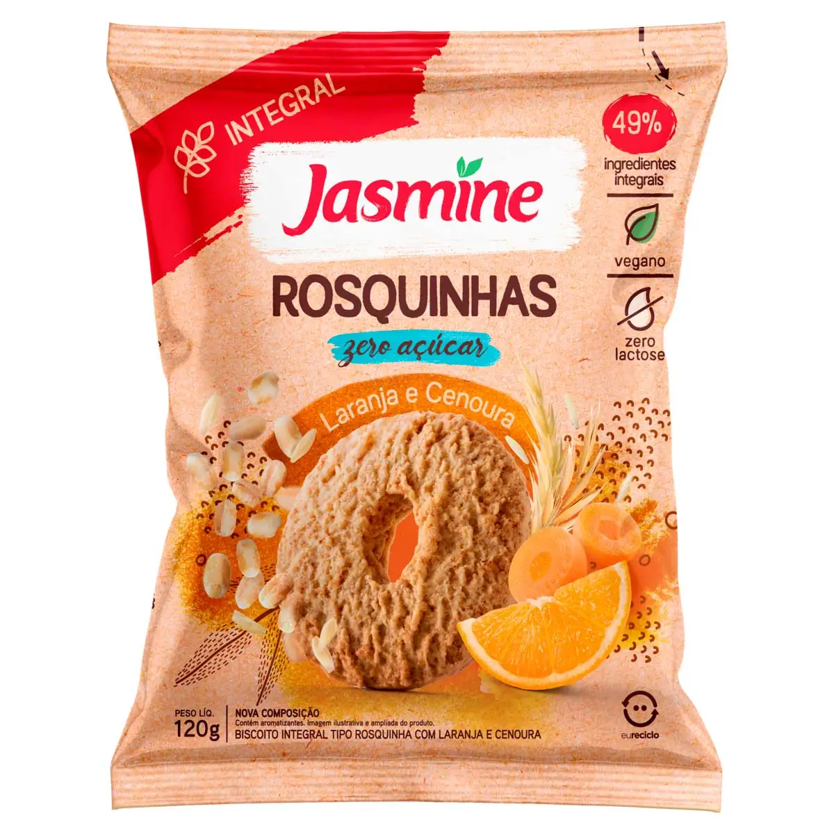 Biscoito Rosquinha Integral Laranja, Cenoura e Mel Light Jasmine Pacote 150g