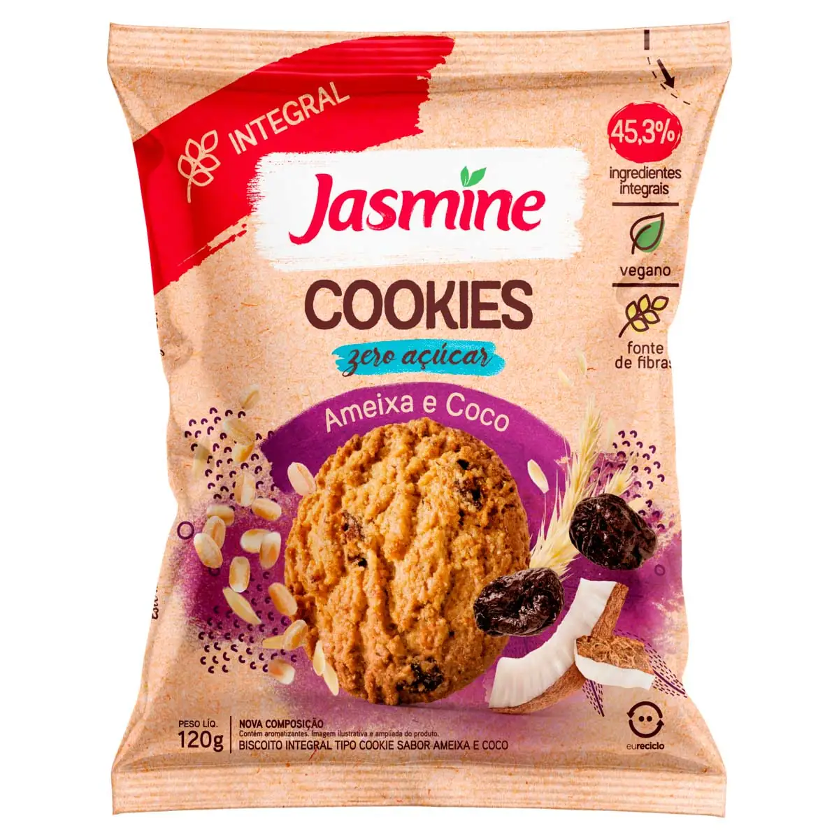 Biscoito Cookie Vegano Integral Ameixa E Coco Zero Açúcar Jasmine Pacote 120g
