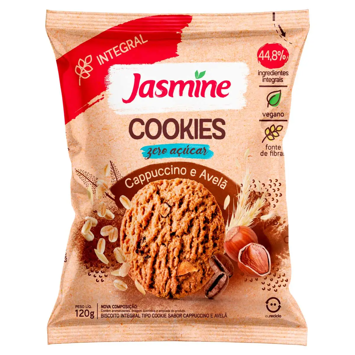 Biscoito Cookie Vegano Integral Cappuccino E Avelã Zero Açúcar Jasmine Pacote 120g