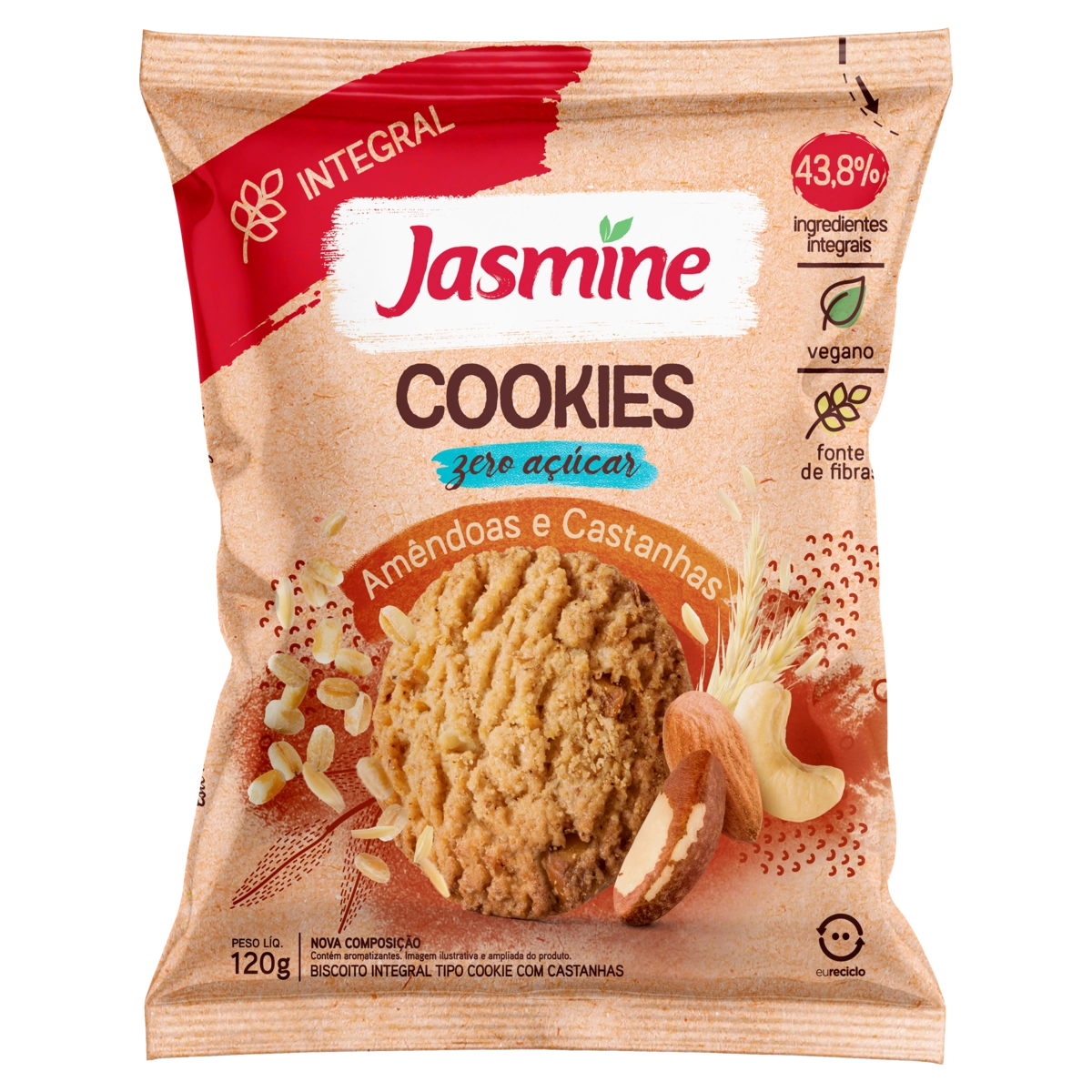 Biscoito Cookie Vegano Integral Amêndoas E Castanhas Zero Açúcar Jasmine Pacote 120g