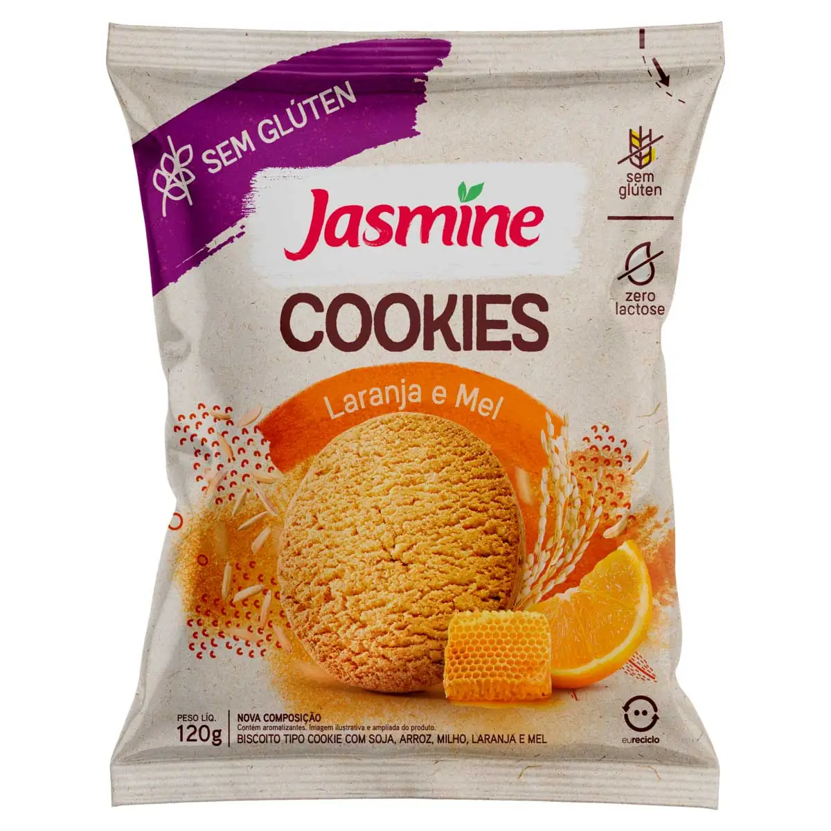 Biscoito Cookie Laranja E Mel Sem Glúten Zero Lactose Jasmine Pacote 120g