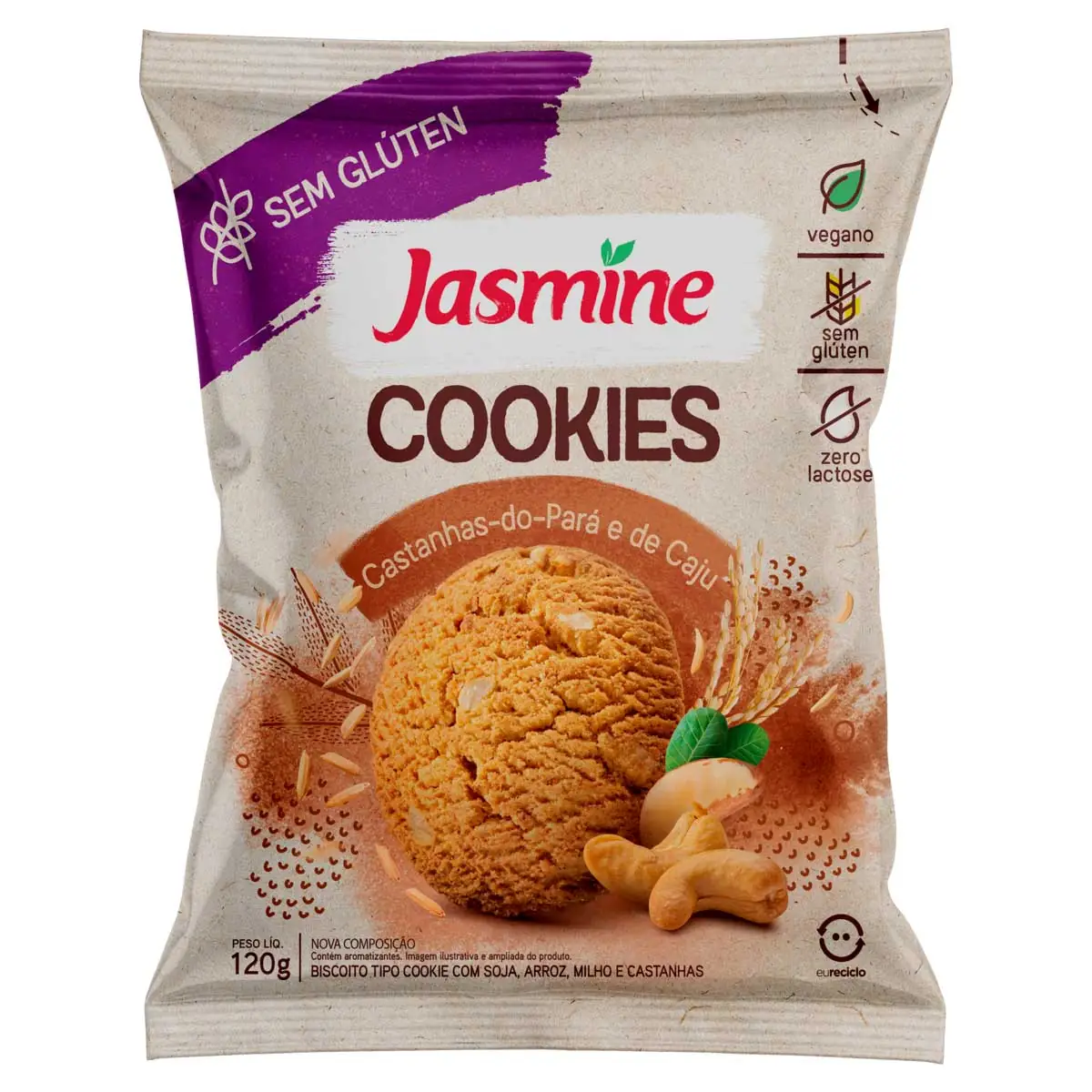 Biscoito Cookie Integral com Castanha do Pará e de Caju sem Glúten Jasmine 150g