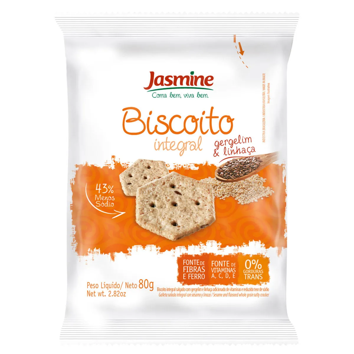 Biscoito Com Linhaça E Gergelim Integral Jasmine Pacote 80g