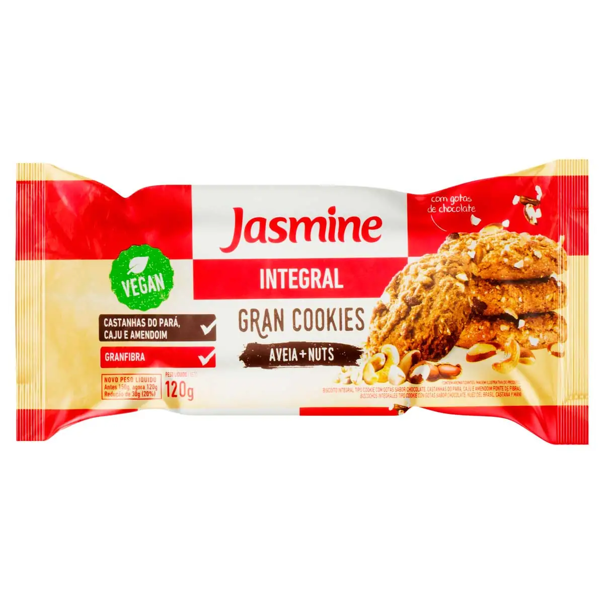 Biscoito Cookie Vegano Integral Aveia E Nuts Com Gotas De Chocolate Jasmine Pacote 120g