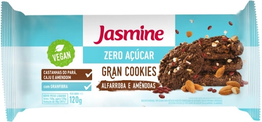Biscoito Cookie Vegano Integral Alfarroba E Amêndoas Zero Açúcar Jasmine Gran Cookies Pacote 120g