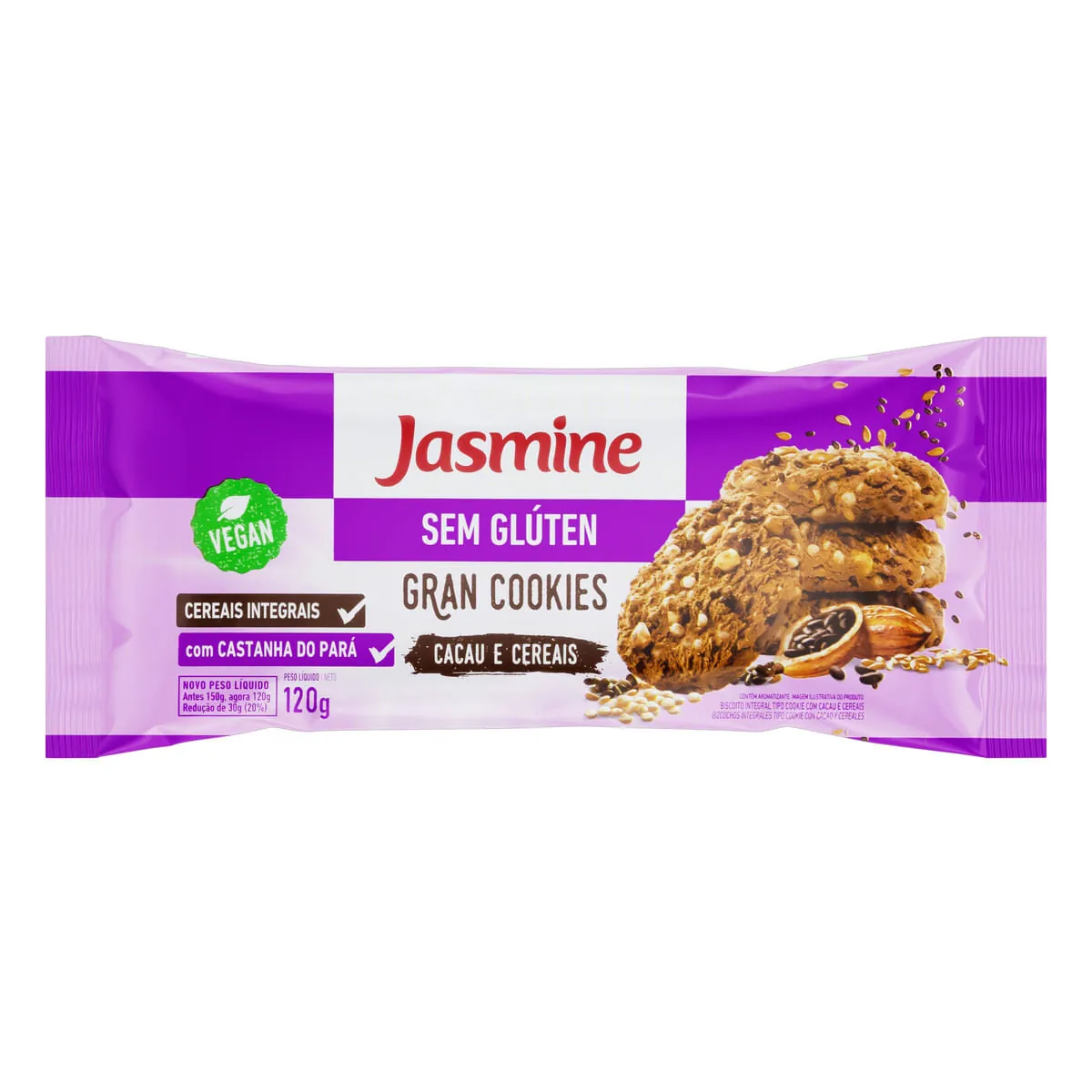 Biscoito Cookie Vegano Integral Cacau E Cereais Sem Glúten Jasmine Gran Cookies Pacote 120g