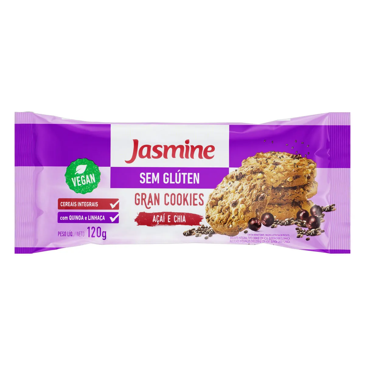 Biscoito Cookie Vegano Integral Açaí E Chia Sem Glúten Jasmine Gran Cookies Pacote 120g