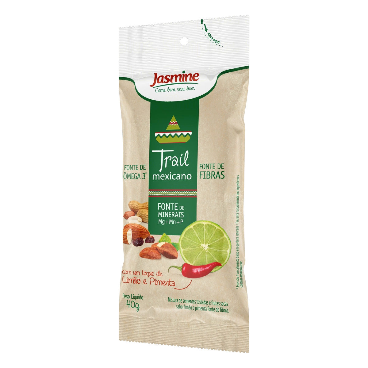 Mix De Sementes Com Frutas Secas Limão E Pimenta Jasmine Trail Mexicano Pacote 40g