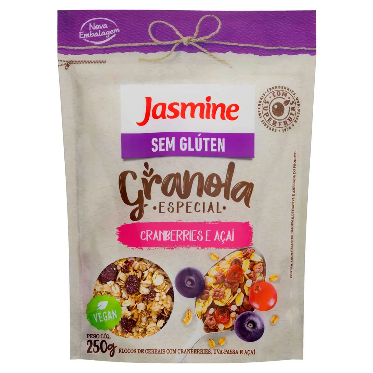 Granola Cranberries e Açaí sem Glúten Jasmine Pacote 250g
