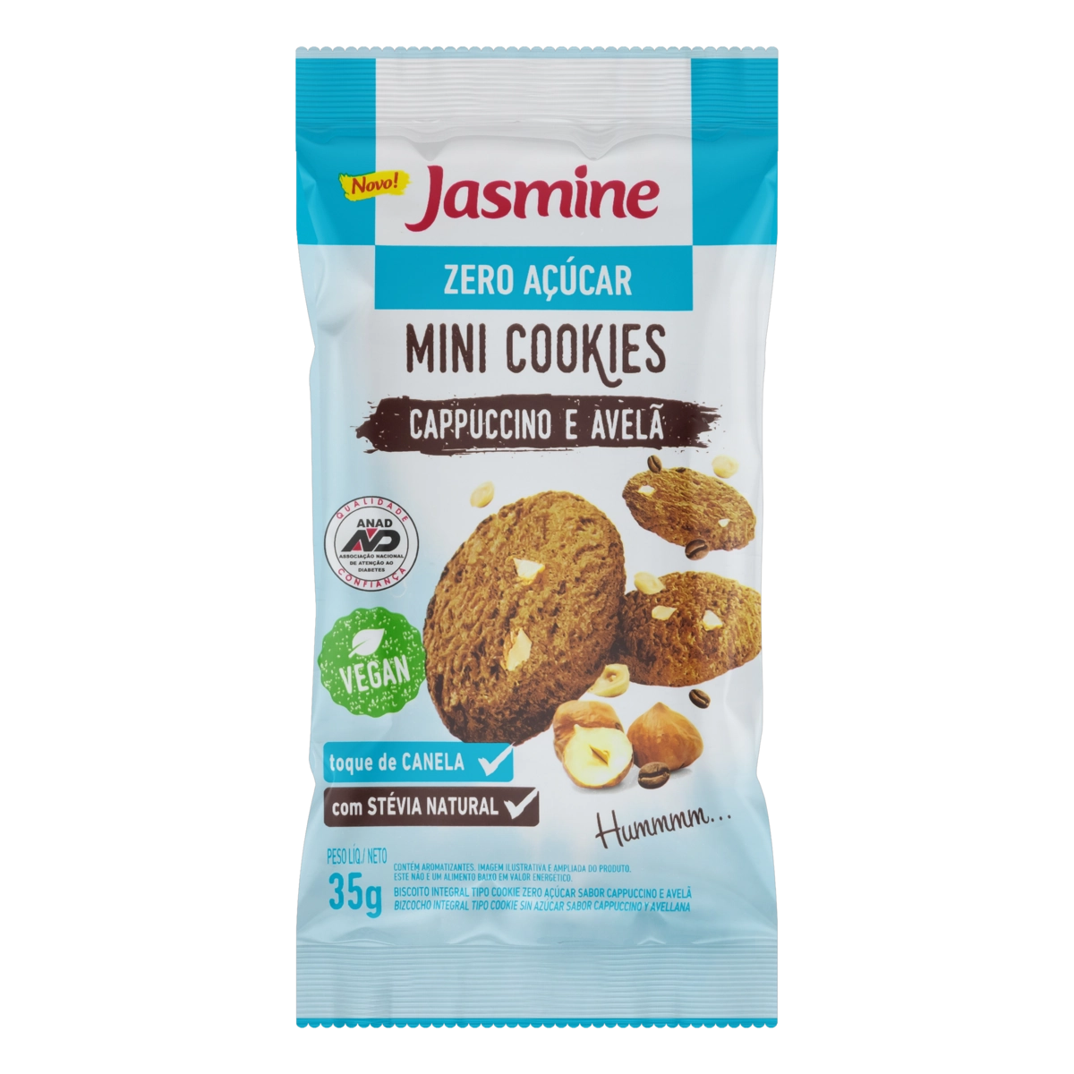 Minibiscoito Cookie Vegano Integral Cappuccino E Avelã Zero Açúcar Jasmine Pacote 35g