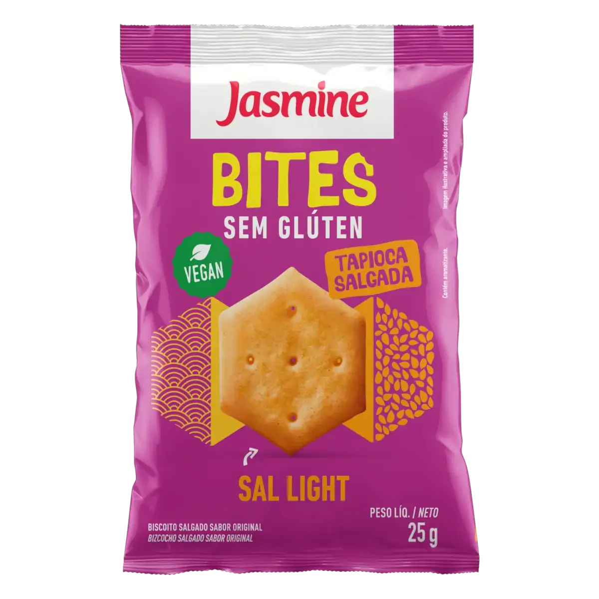 Biscoito Vegano Tapioca Salgada Sem Glúten Zero Lactose Jasmine Bites Pacote 25g