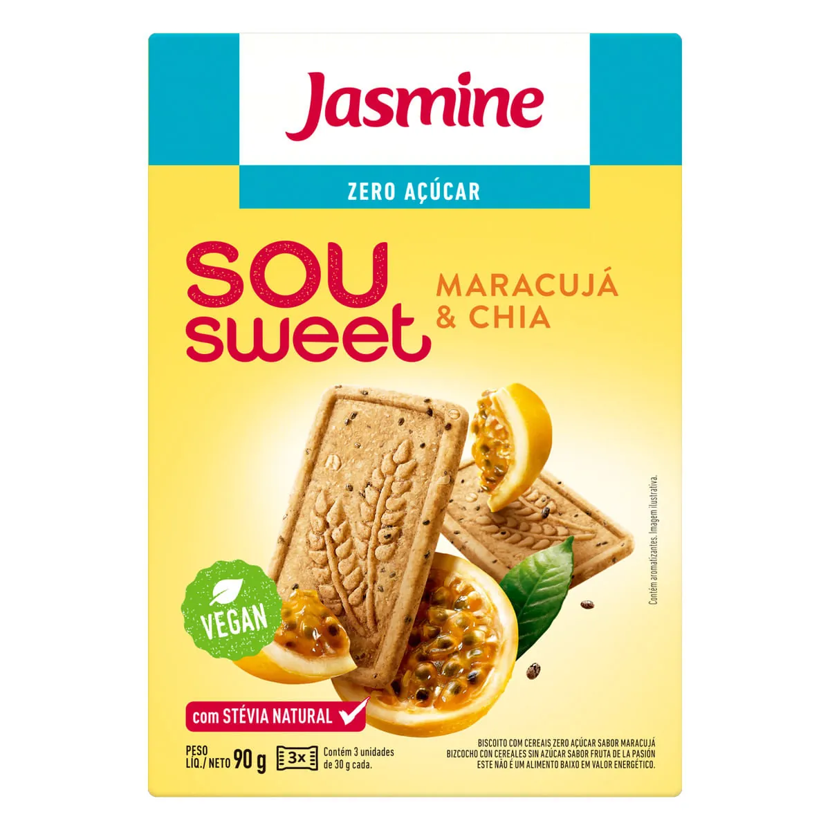 Biscoito Vegano Integral Maracujá Chia Zero Açúcar Jasmine Sou Sweet Caixa 75g