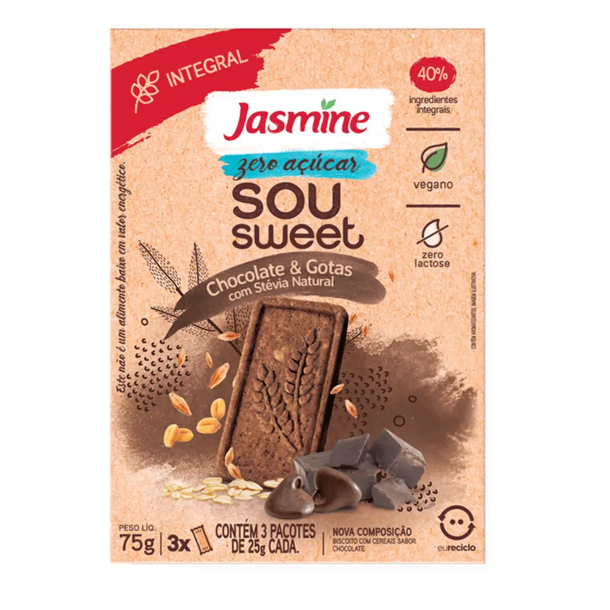 Biscoito Chocolate &amp; Gotas Zero Açúcar Jasmine Caixa 90g