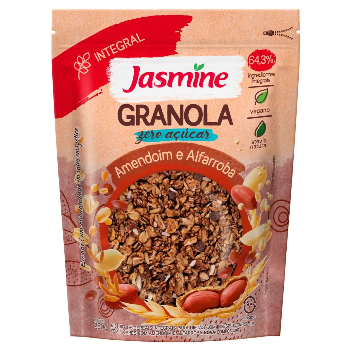 Granola Amendoim e Alfarroba Zero Açúcar Jasmine Pacote 250g