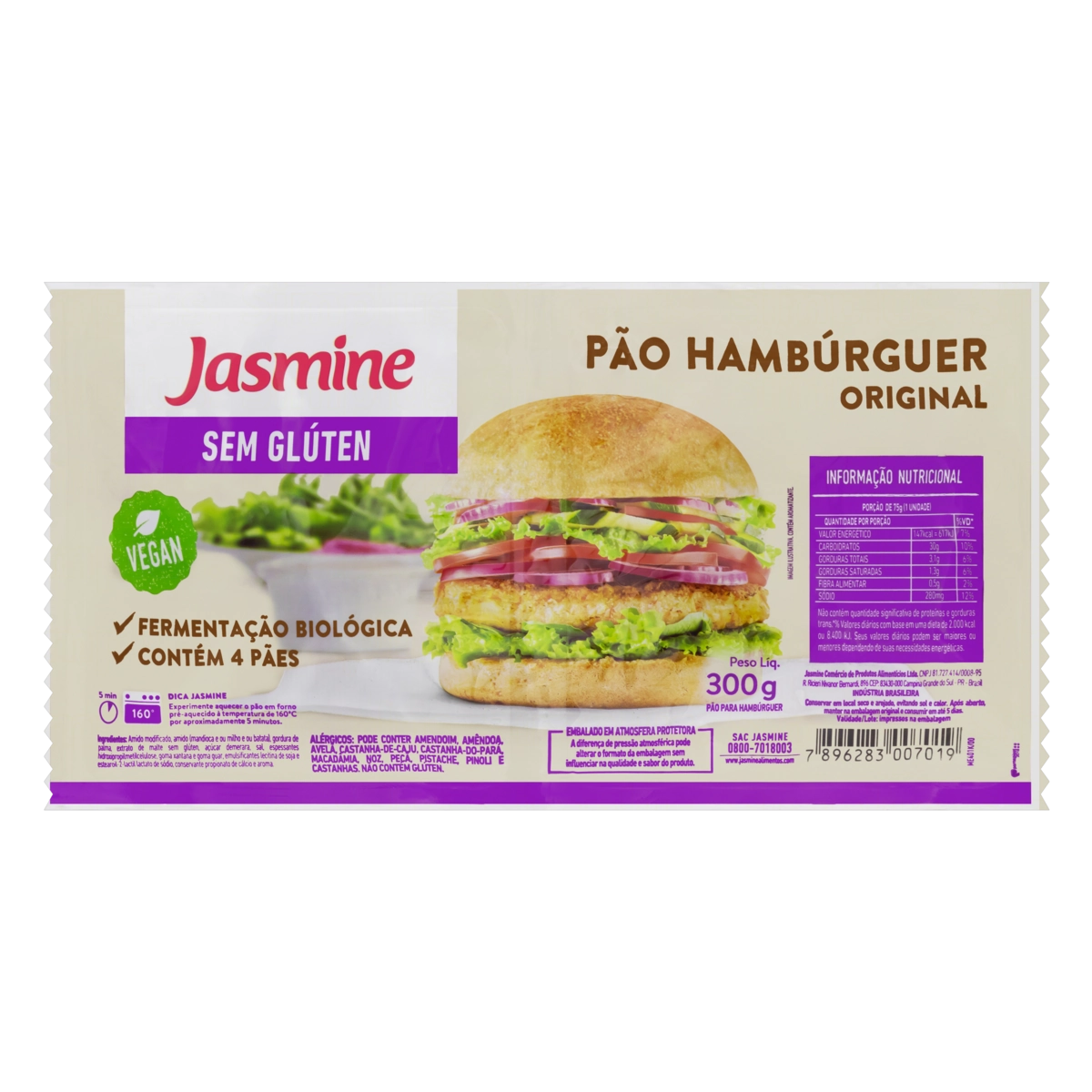 Pão de Hambúrguer Tradicional 4 Un Sem Glúten Jasmine 300g