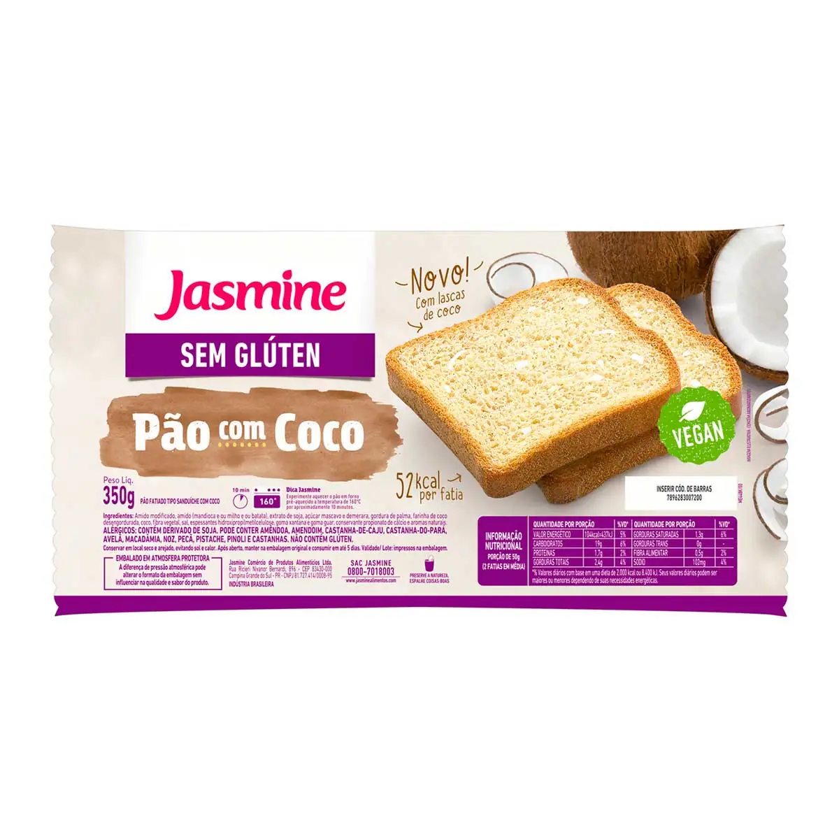Pão Coco sem Glúten Jasmine Pacote 350g