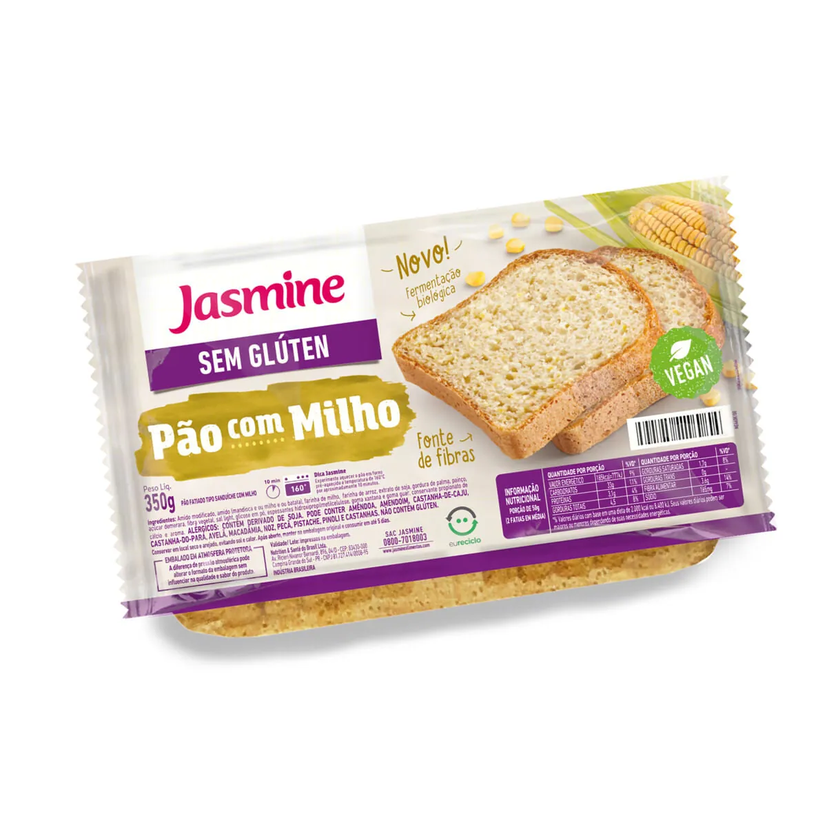 Pão de Sanduíche Jasmine Fatiado com Milho sem Glúten Vegano Pacote 350 g