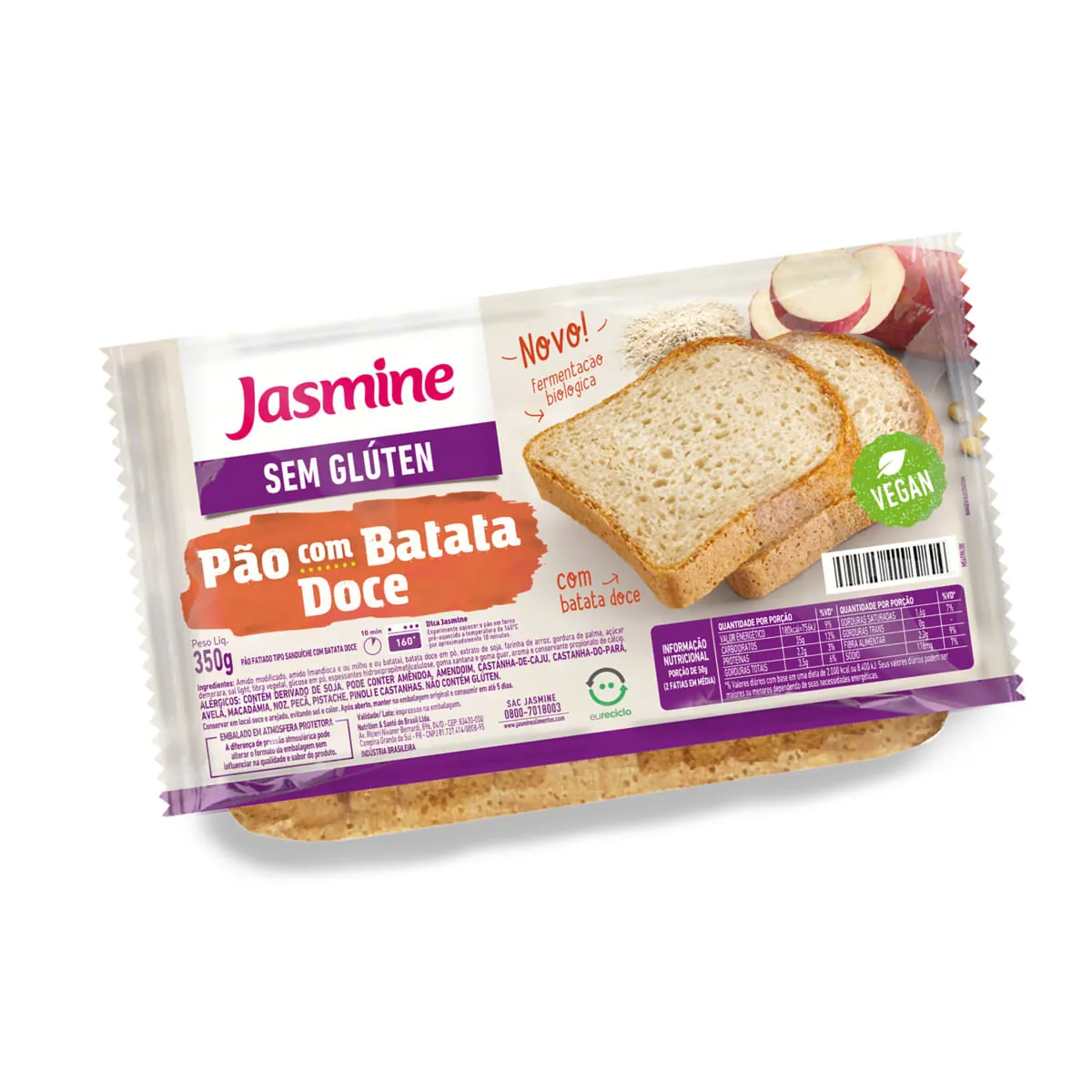 Pão de Sanduíche Jasmine Fatiado com Batata-Doce sem Glúten Vegano Pacote 350 g
