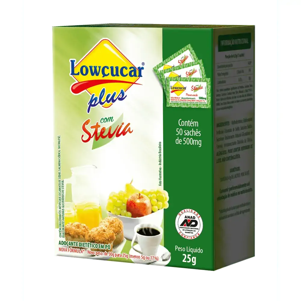 Adoçante Em Pó Stevia Lowçucar Plus Caixa 25g 50 Unidades