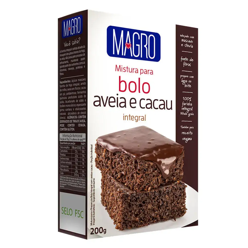 Mistura Para Bolo Integral Aveia E Cacau Magro Caixa 200g