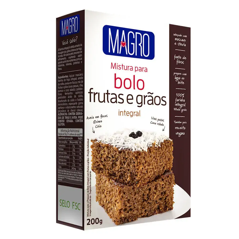 Mistura Para Bolo Integral Frutas E Grãos Magro Caixa 200g