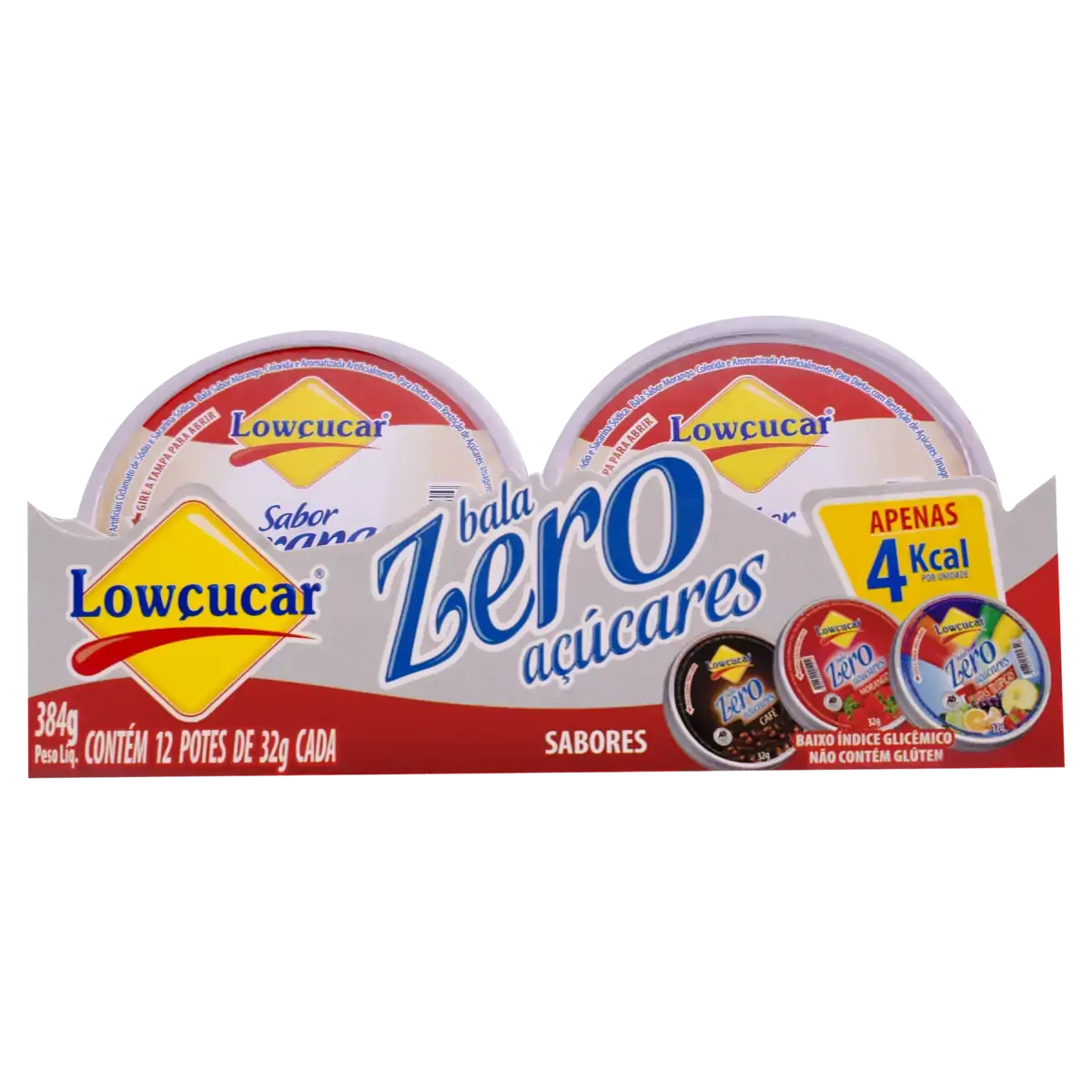 Bala Morango Zero Açúcar Lowçucar Pote 384g 12 Unidades