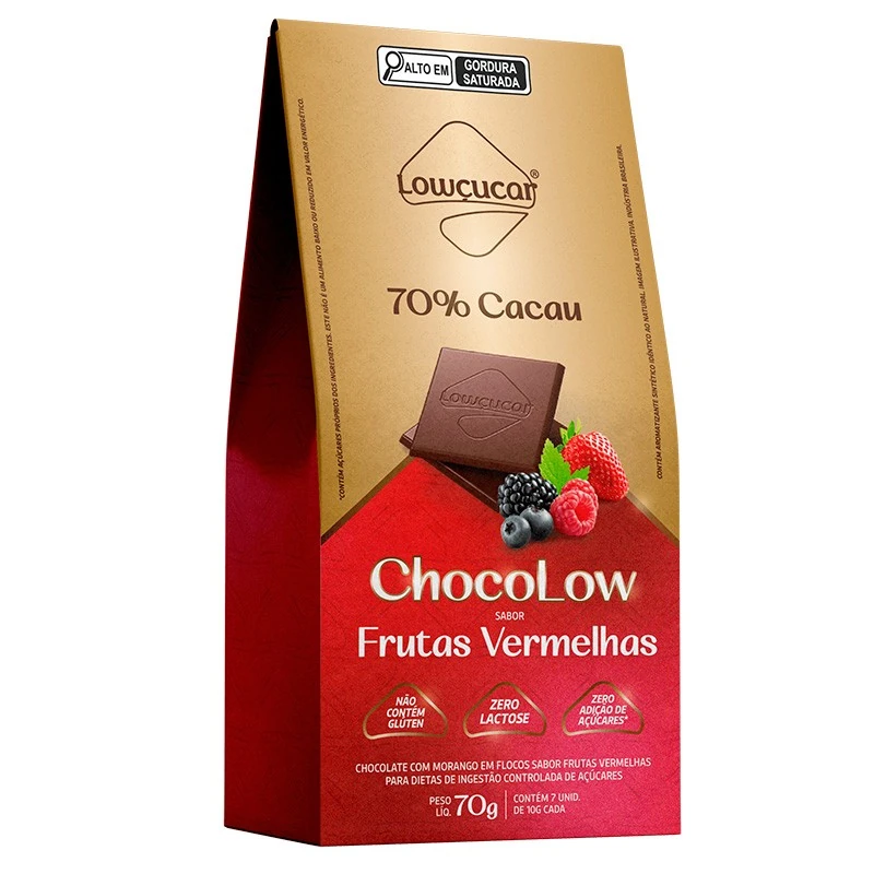Chocolate 70 Cacau Com Morango Frutas Vermelhas Zero Lactose Lowçucar Chocolow Caixa 70g 7 Unidades