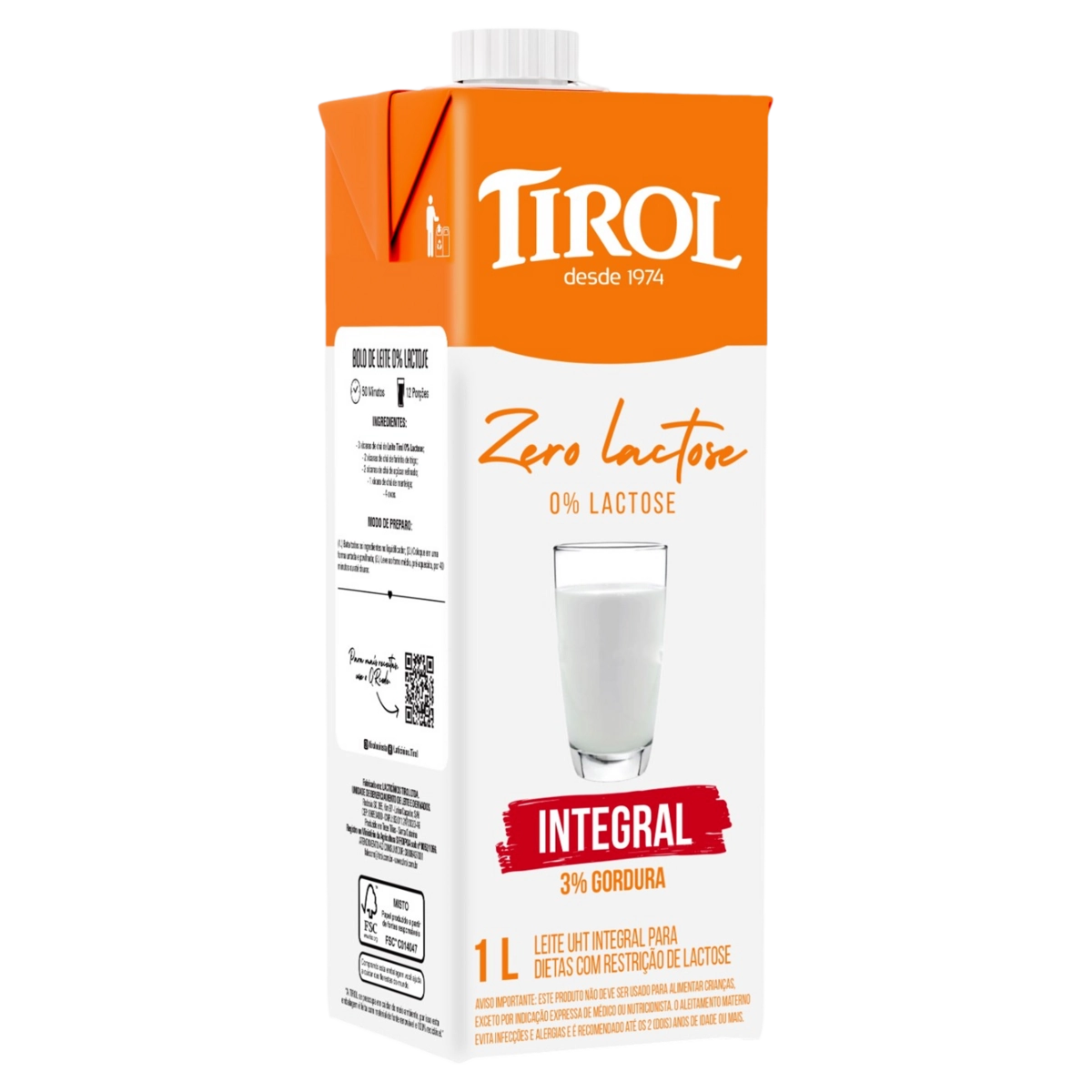 Leite Uht Integral Zero Lactose Tirol Caixa Com Tampa 1l