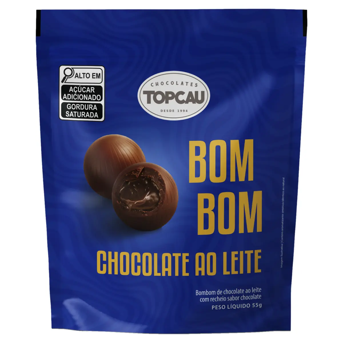 Bombom Ao Leite Recheio Chocolate Topcau Pouch 55g 5 Unidades