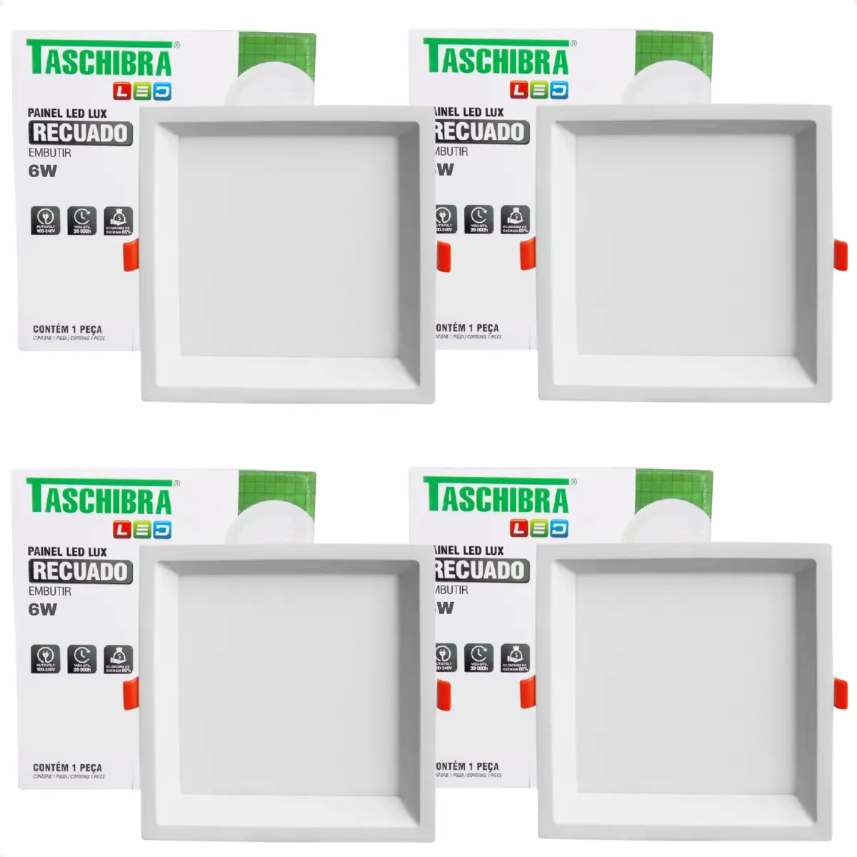 Kit 4 Painel De Led Quadrado Embutir Recuado 6w Bivolt Taschibra 6500k Frio