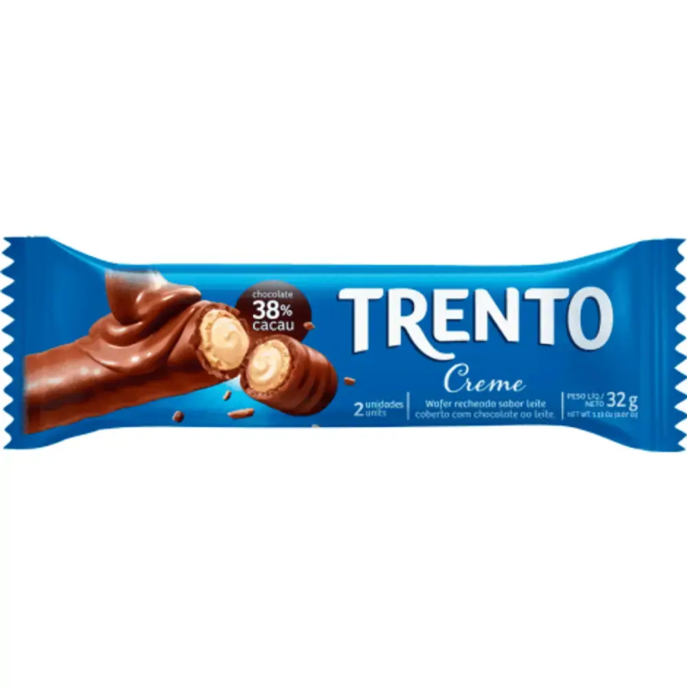 Wafer Creme Recheio Leite Cobertura Chocolate Ao Leite Trento Pacote 32g