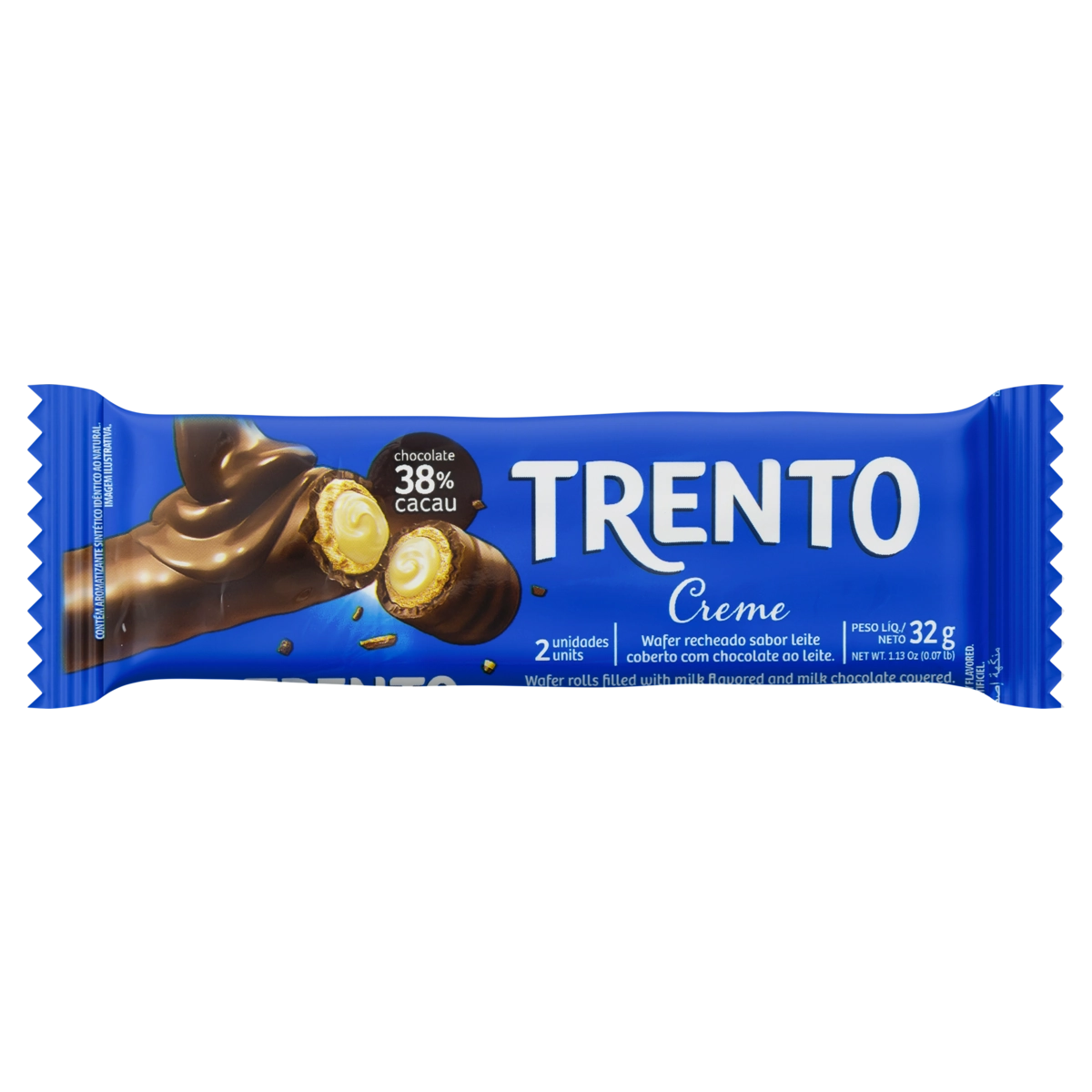 Wafer Creme Recheio Leite Cobertura Chocolate Ao Leite Trento Caixa 512g 16 Unidades