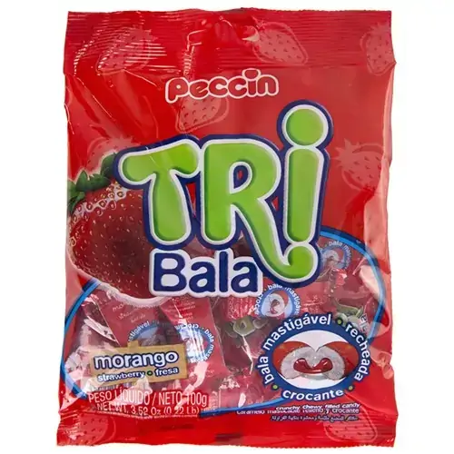 Bala Recheio Morango Tribala Pacote 100g