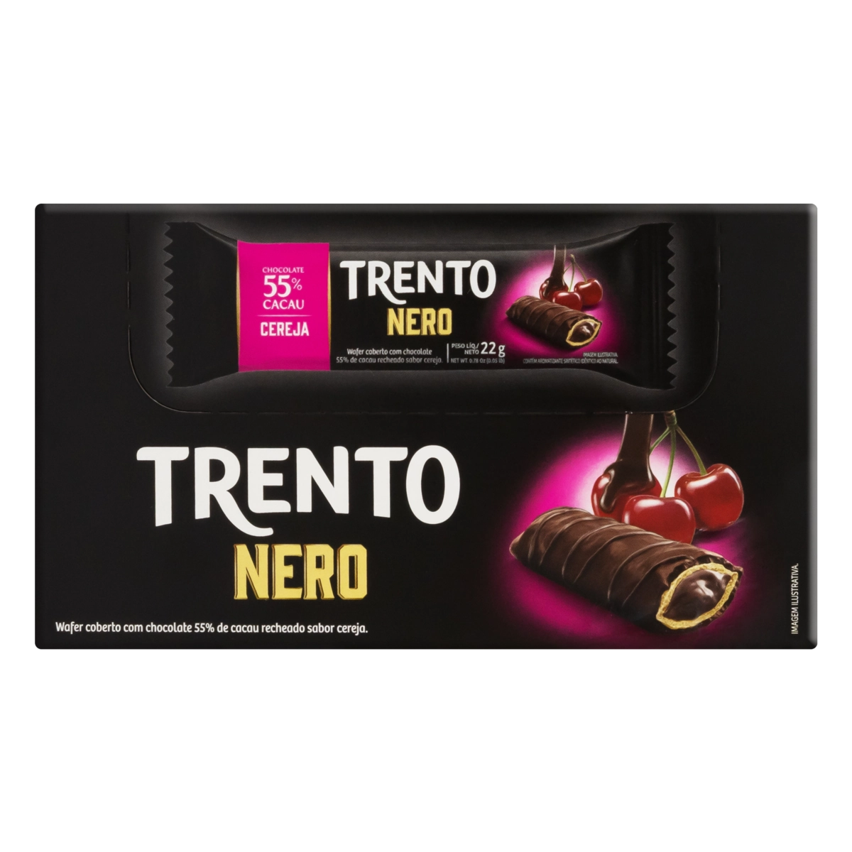 Wafer Recheio Cereja Cobertura Chocolate 55 Cacau Trento Nero Pacote 22g