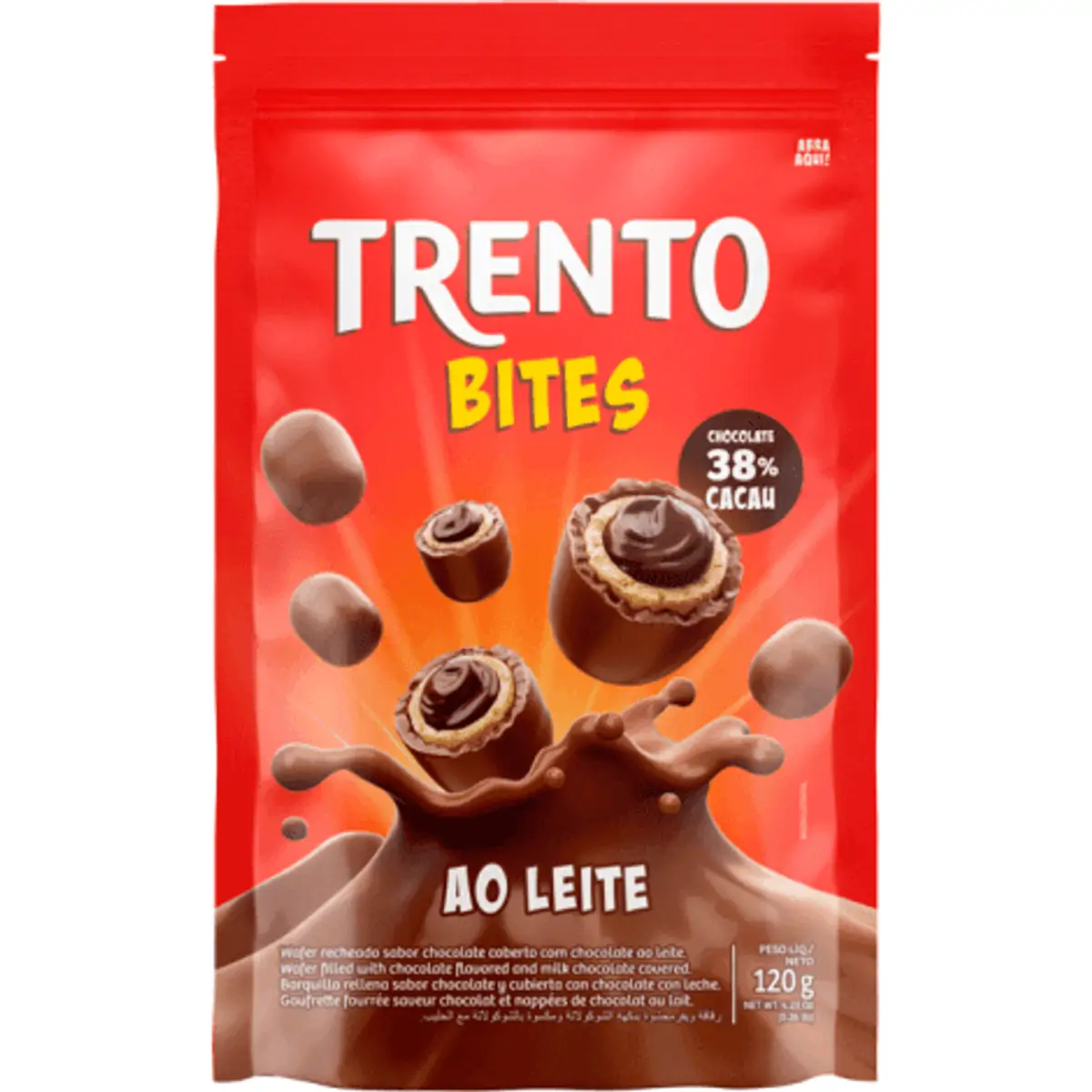 Wafer Recheio Chocolate Cobertura Chocolate Ao Leite Trento Bites Pouch 120g
