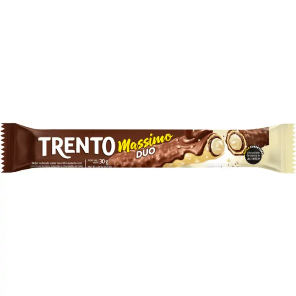 Wafer Recheio Baunilha Cobertura Chocolate Branco, Biscoito e Chocolate ao Leite Trento Massimo Duo 30 g