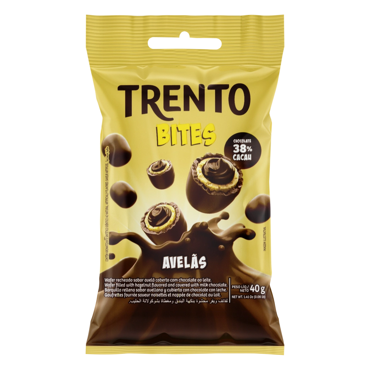 Wafer Recheio Avelã Cobertura Chocolate Ao Leite Trento Bites Pacote 40g