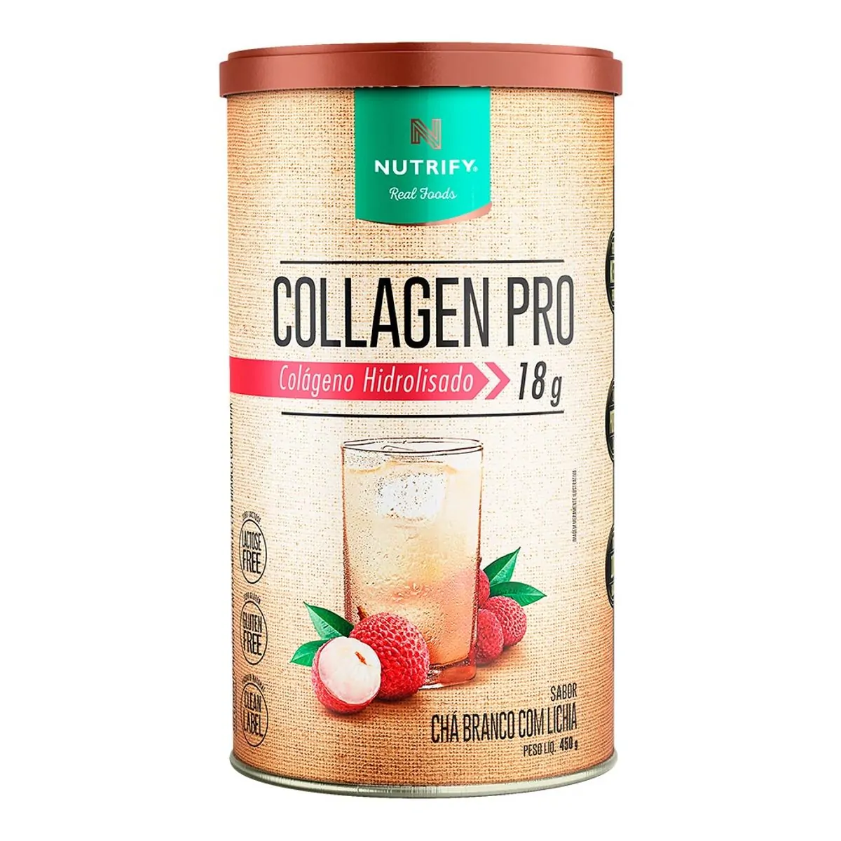 Colágeno Pó Hidrolisado 18g Chá Branco Com Lichia Nutrify Collagen Pro Lata 450g